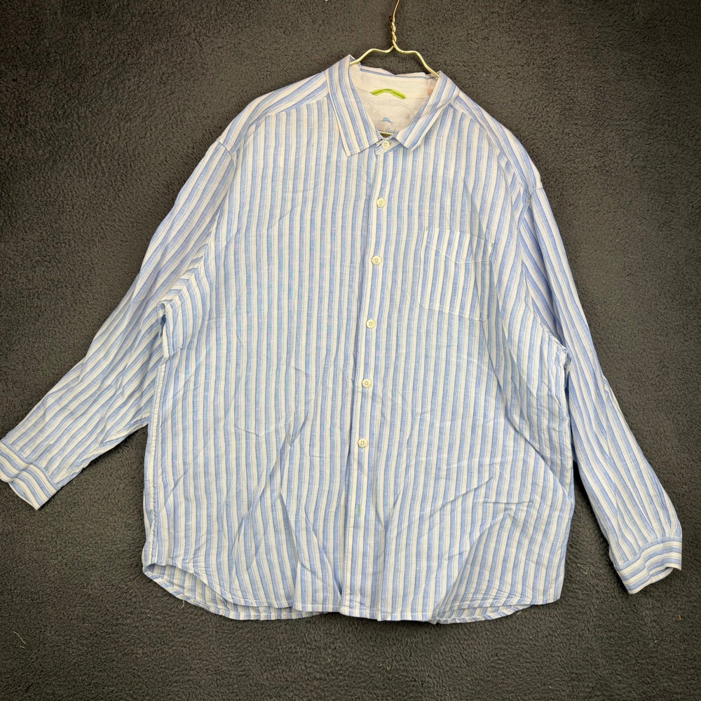 Tommy Bahama Relax XXL Blue White Striped 100% Linen Long Sleeve Button Up Shirt